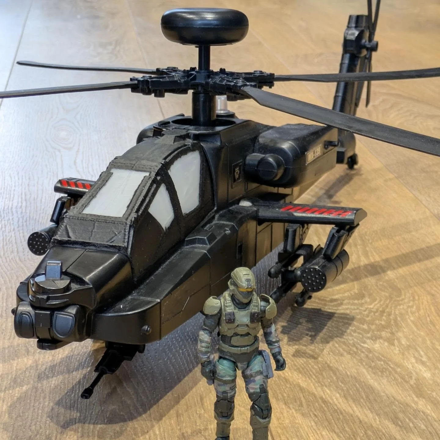 3.75 Chap Mei Apache. Rescued this guy, came to me with a clear plastic cockpit canopy with a broken peg and missing a wheel. Fixed him up by creating a canopy that better suited the look of the bird and creating a replacement wheel. Released back in