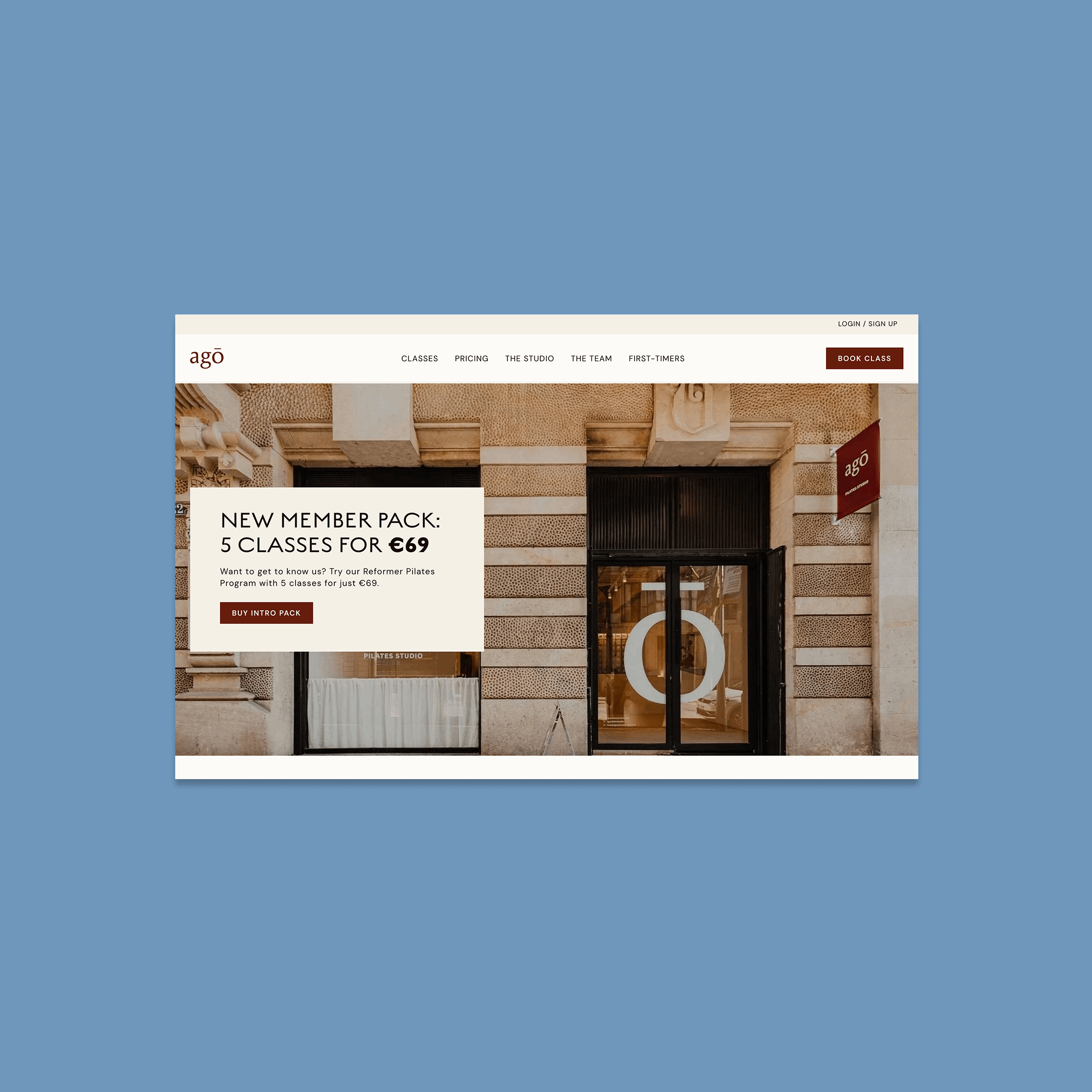 Screenshot of Agō Pilates Studio homepage hero banner