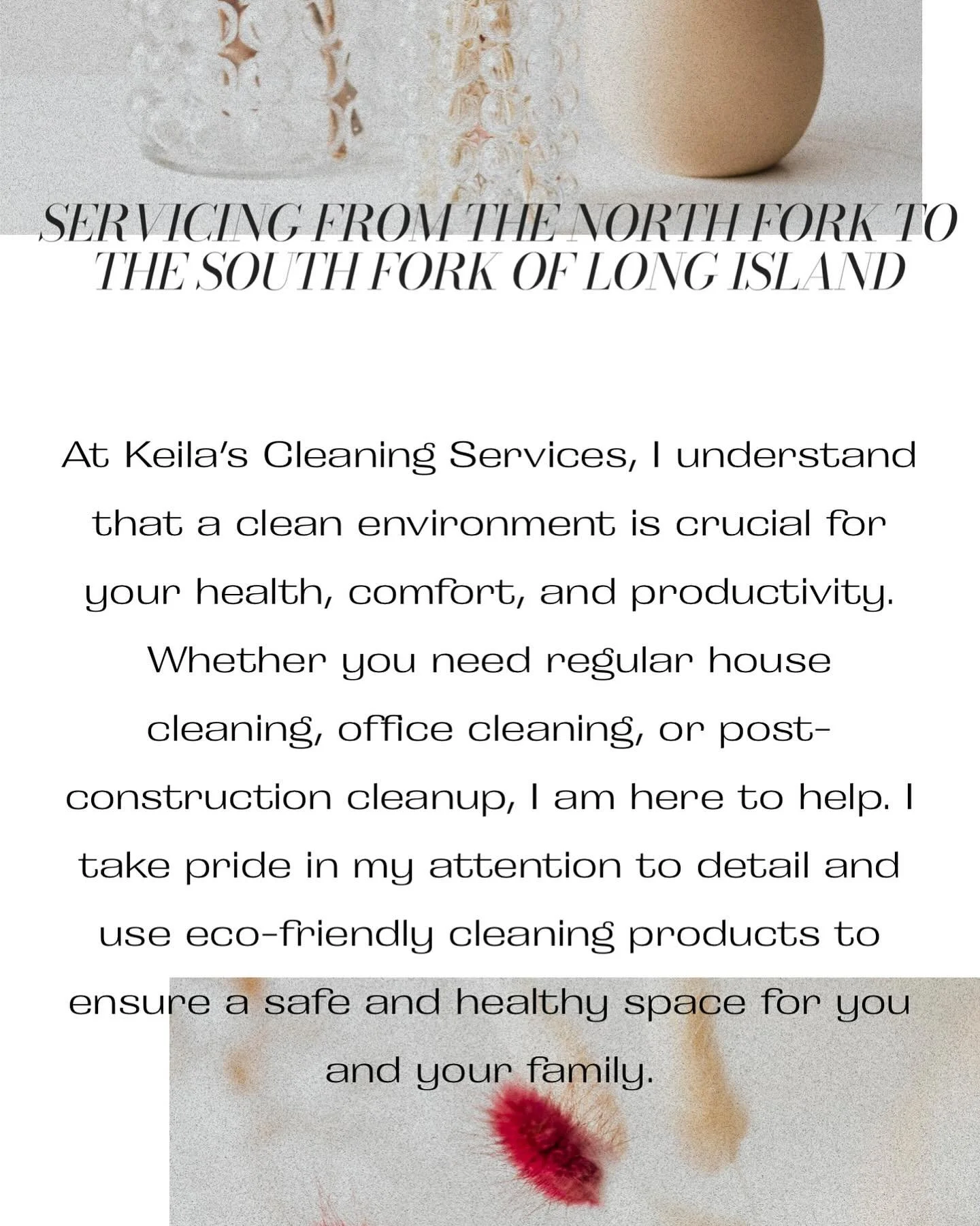 ✨ Spotless Spaces, Happy Faces! ✨ Keila&rsquo;s Cleaning Services is here to bring freshness and comfort to your home or office with eco-friendly cleaning and an eye for detail. Serving from the North Fork to the South Fork of Long Island! 🌿🧹 #Clea