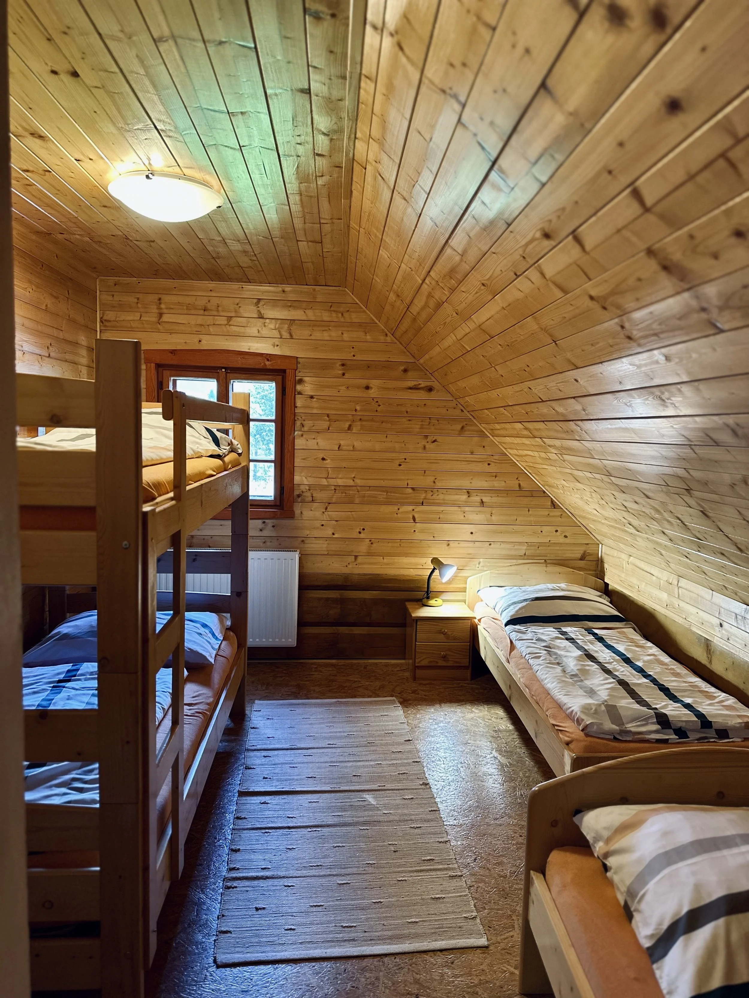 A cozy attic bedroom with wooden paneling, a single bed with striped bedding and a nightstand with a small lamp, a bunk bed with striped bedding, a window, and a ceiling light.