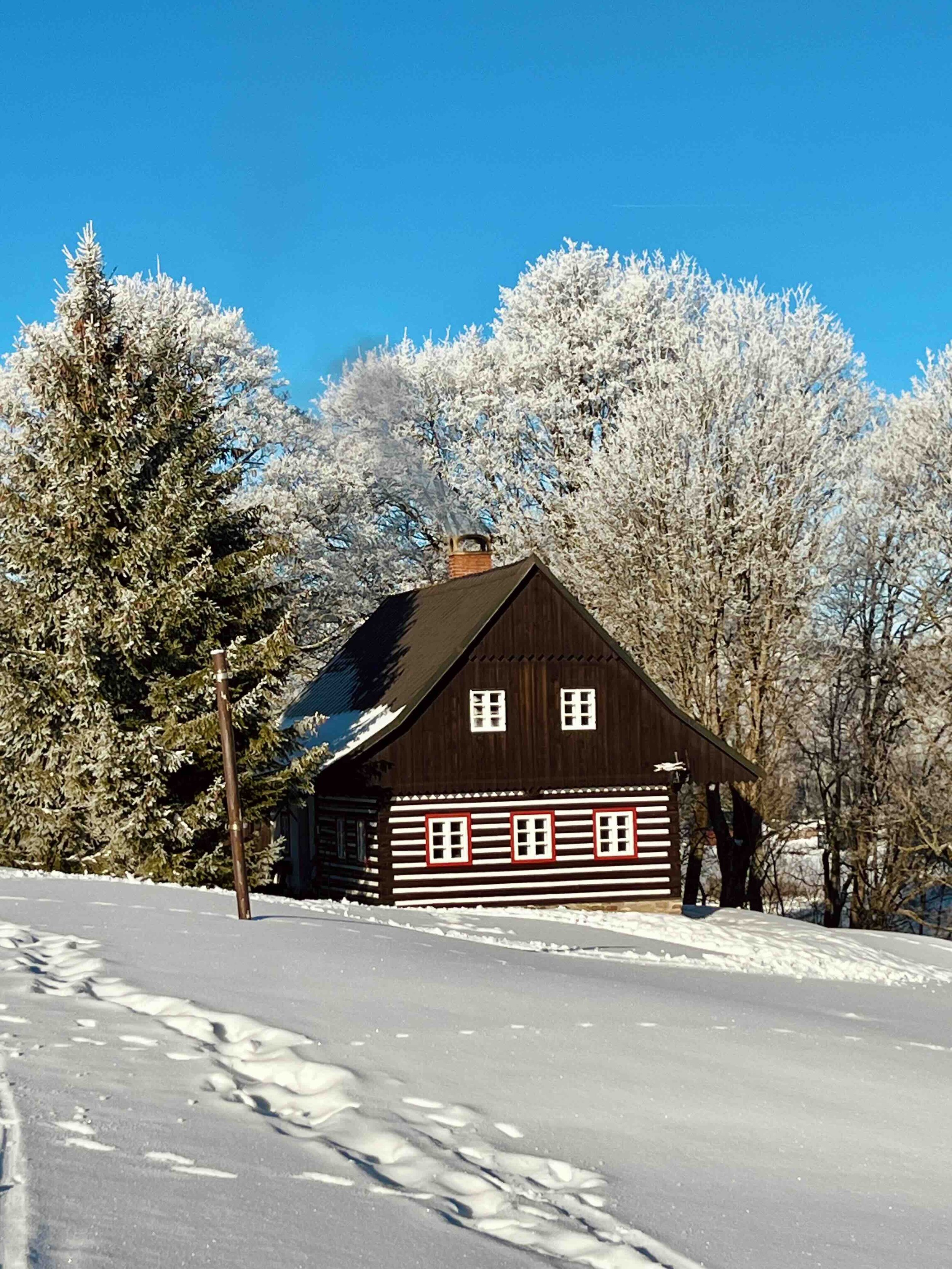A small wooden house with black and white horizontal stripes and red framed windows, surrounded by snow-covered trees and under a clear blue sky.
