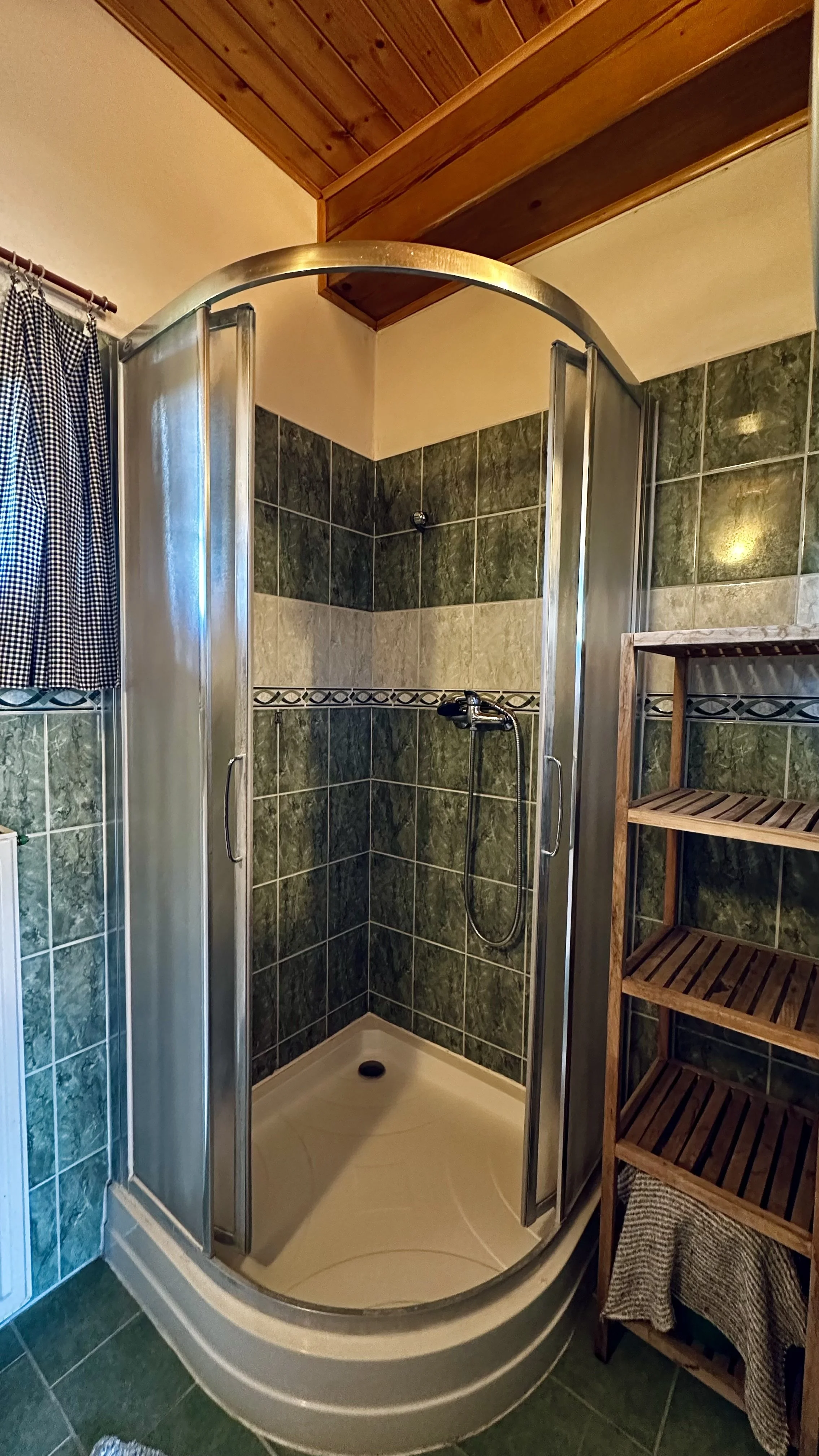 A small bathroom shower with green and beige tile walls, a metal corner shower enclosure, a handheld showerhead, a wooden shelving unit nearby, and part of a blue checkered curtain visible.