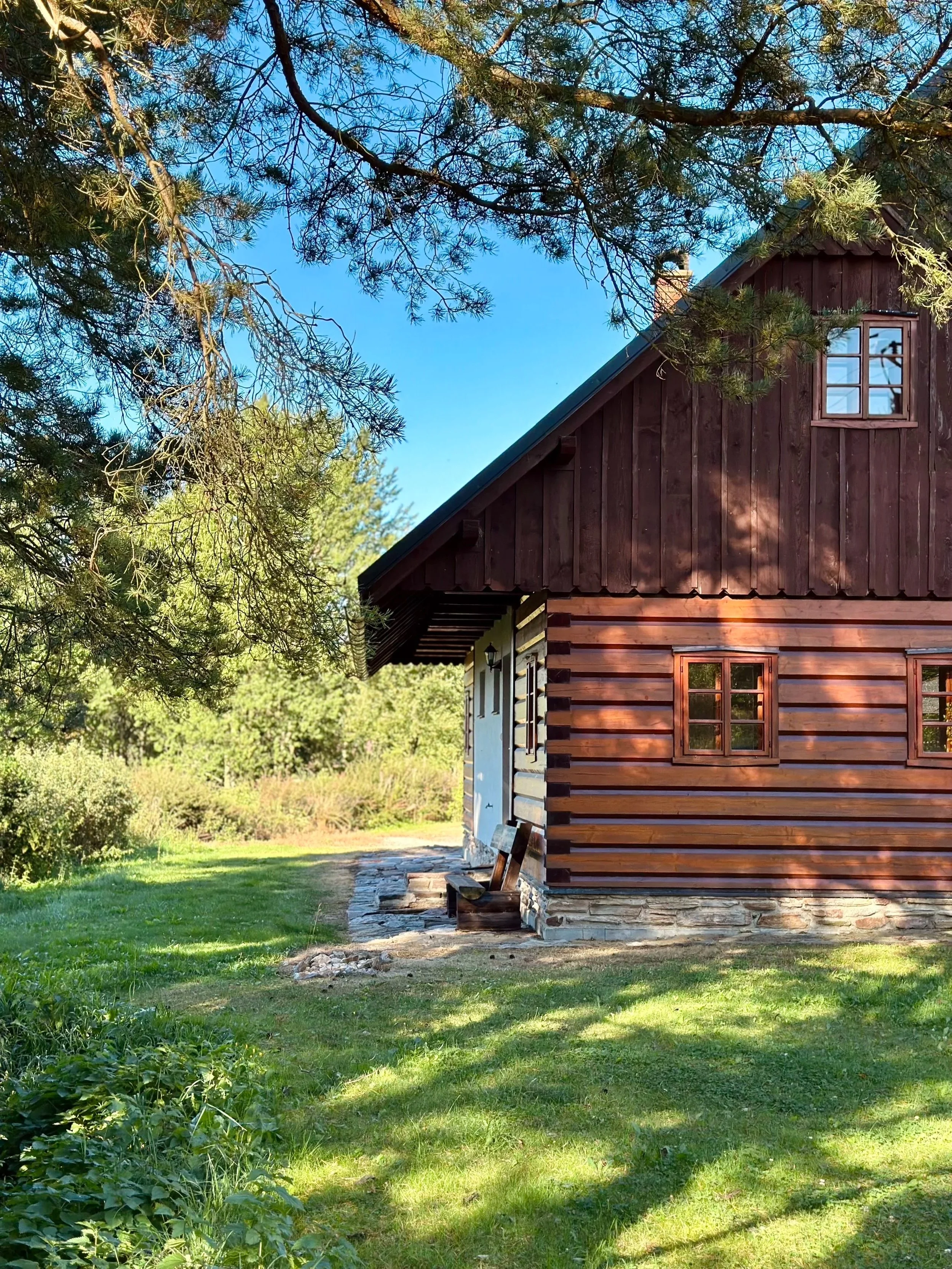A rustic wooden cabin with a sloped roof surrounded by greenery and tall trees, with a clear blue sky above.
