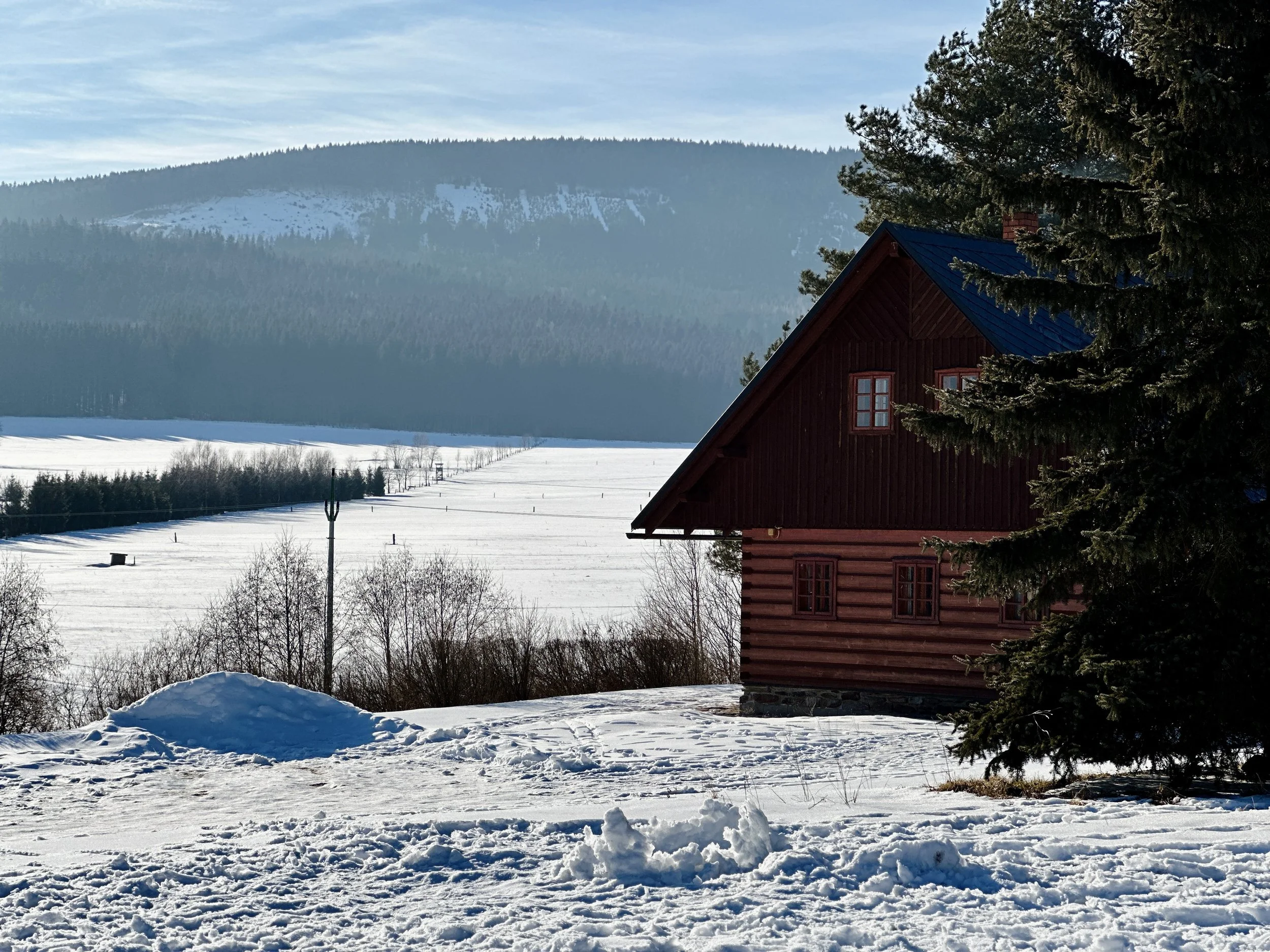 A red wooden house with a blue roof surrounded by snow, trees, and mountains in the background during winter.