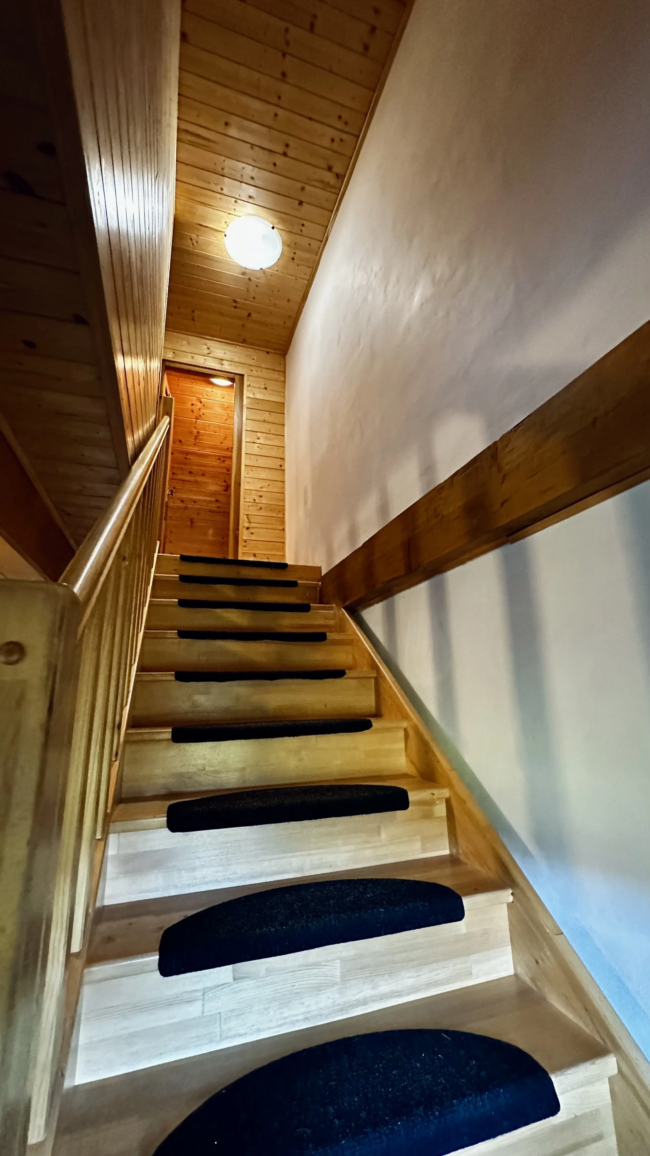 Wooden staircase with black anti-slip strips on each step, leading up to a wooden door at the top, with wooden paneling on the ceiling and part of the wall.