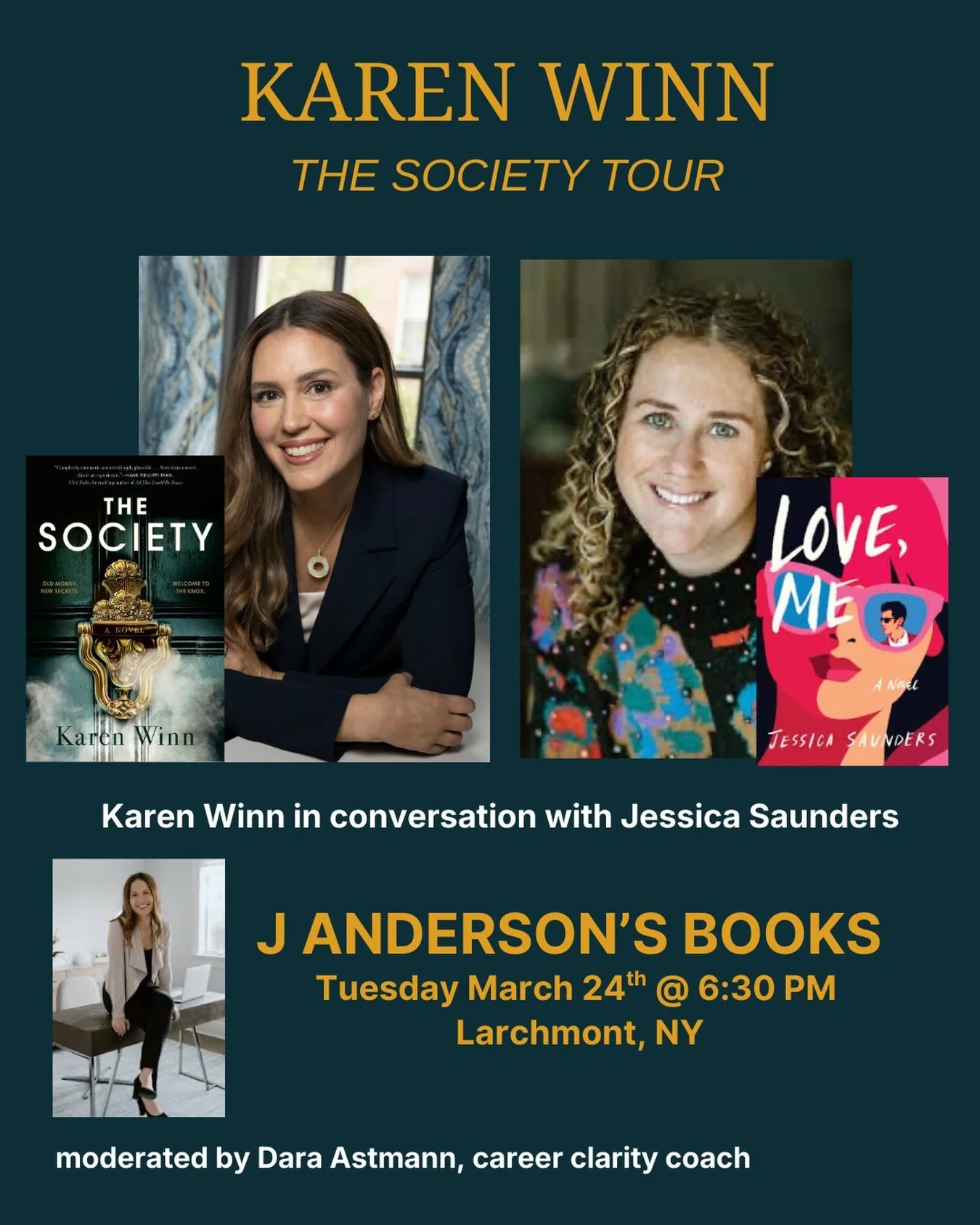I&rsquo;m so excited to announce that on Tuesday March 24th at 6:30 pm I&rsquo;ll be at @jandersonsbooks in Larchmont, NY, in conversation with @jessicasaundersbooks, moderated by @daraastmanncoaching! 📚📚Tickets are $25 and include the book and lig