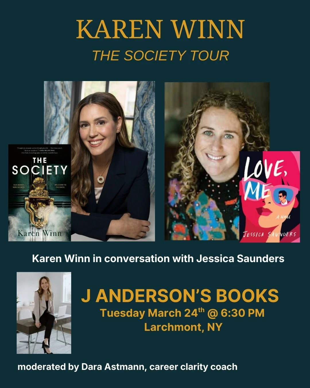 Events the last week of March! 📣 📣 

📚First off, on Tuesday, March 24th, I'll be at @jandersonsbooks in Larchmont, NY, in conversation with @jessicasaundersbooks, moderated by @daraastmanncoaching (link in bio and posted below). 

📚Next up, on We