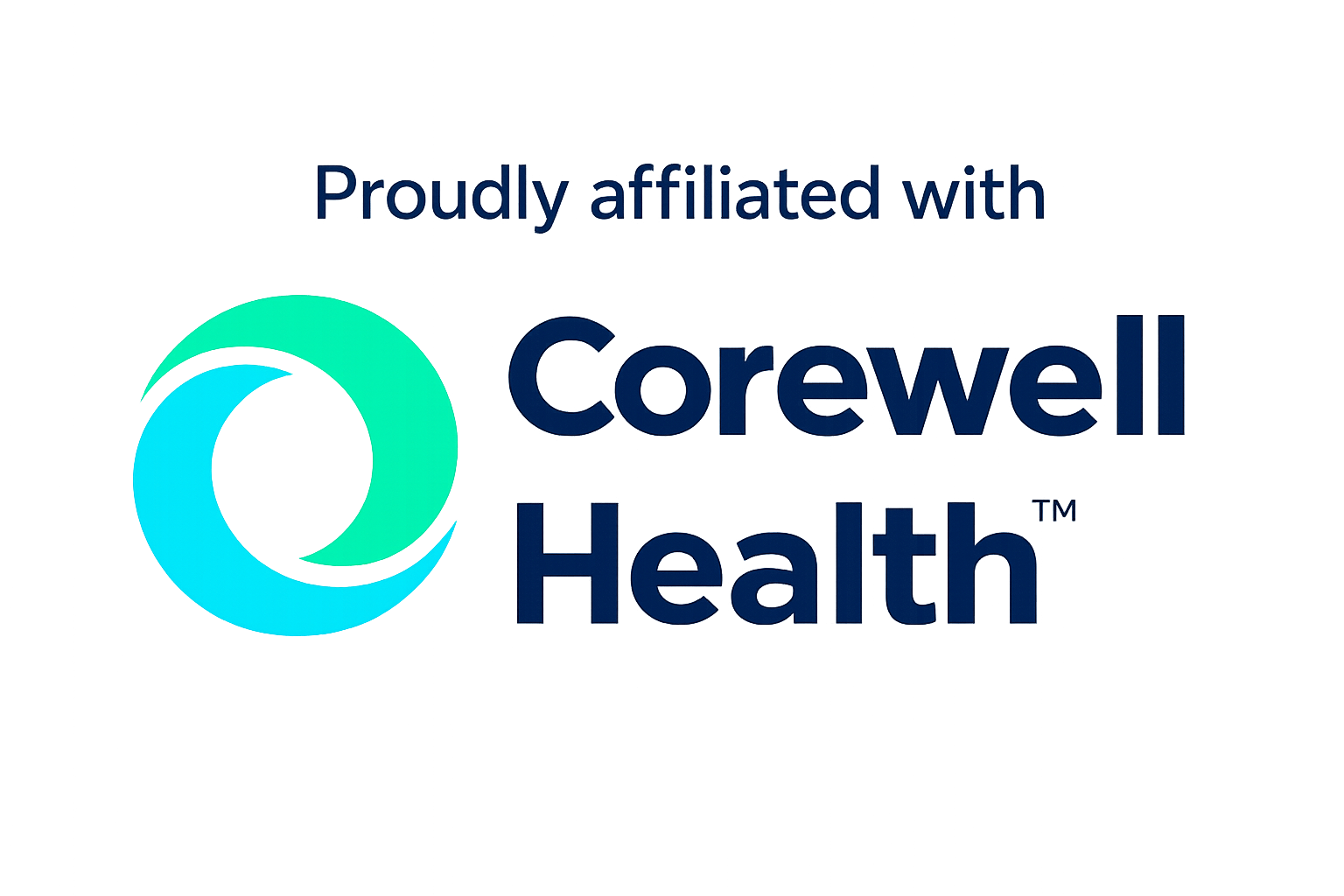 Corewell Health logo with text 'Proudly affiliated with Corewell Health' in blue on a dark background