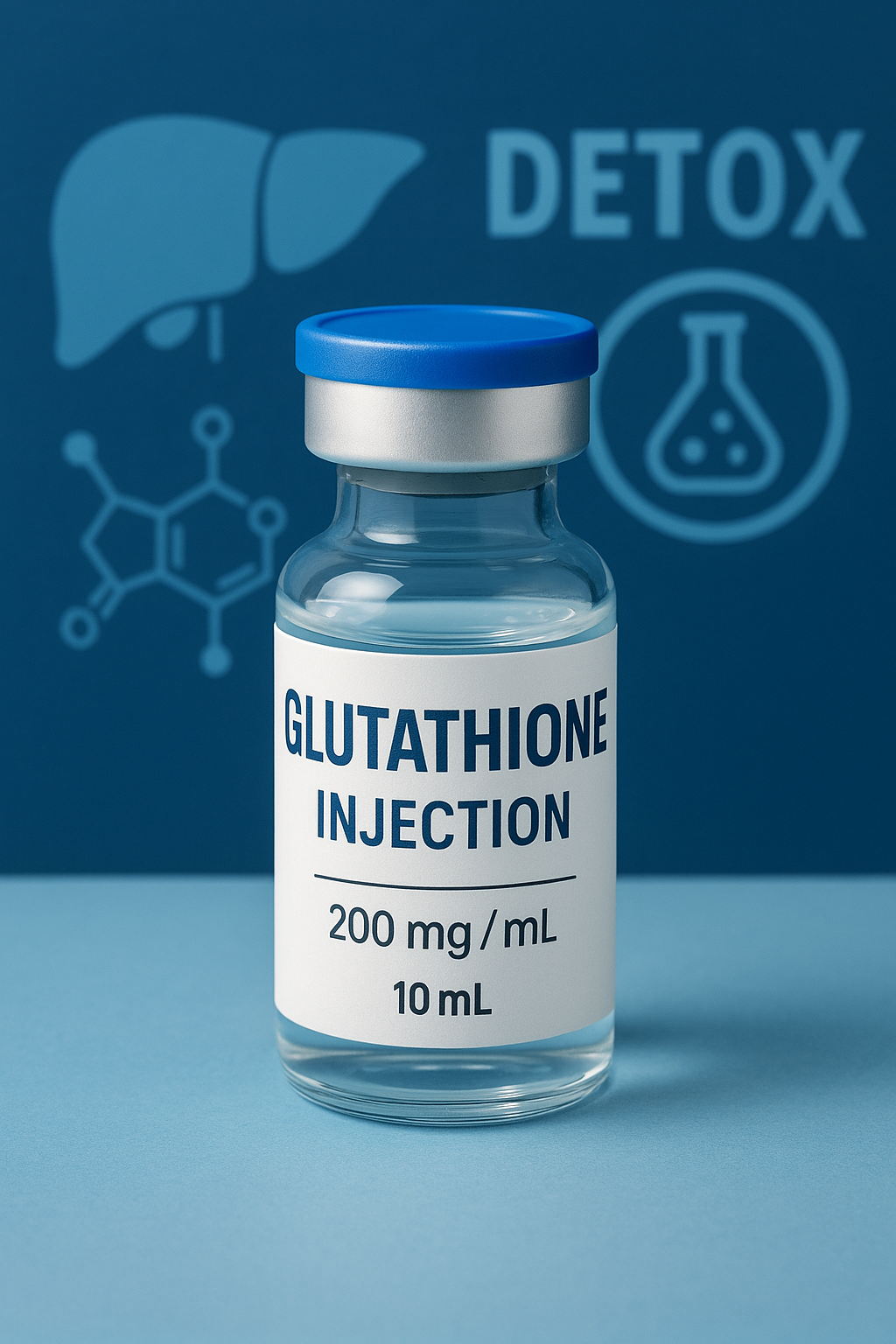 A vial labeled "Glutathione Injection 200 mg/mL, 10 mL" in front of a blue background with detox-related icons and graphics.