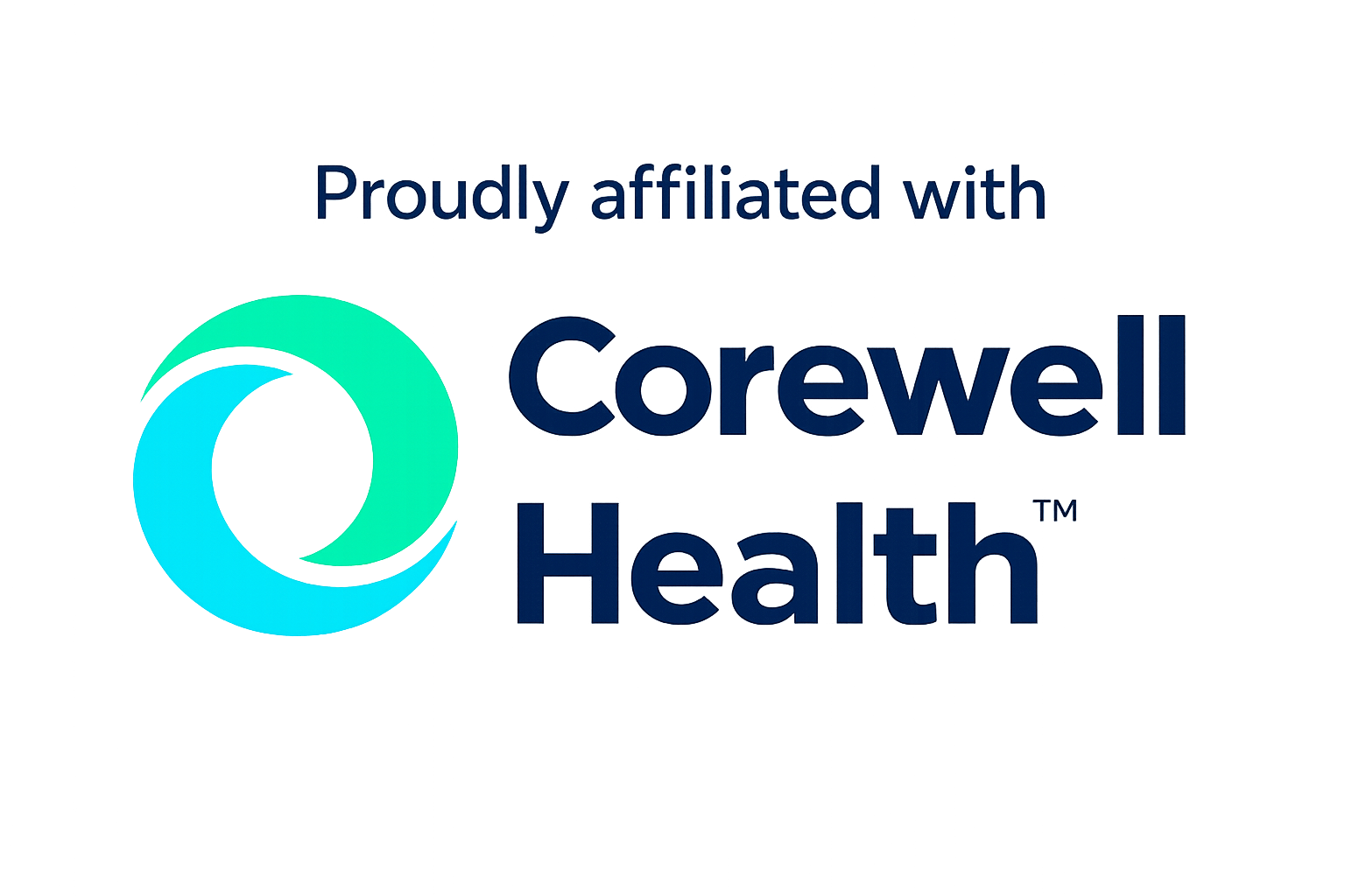 Corewell Health logo with the slogan 'Proudly affiliated with' above it.
