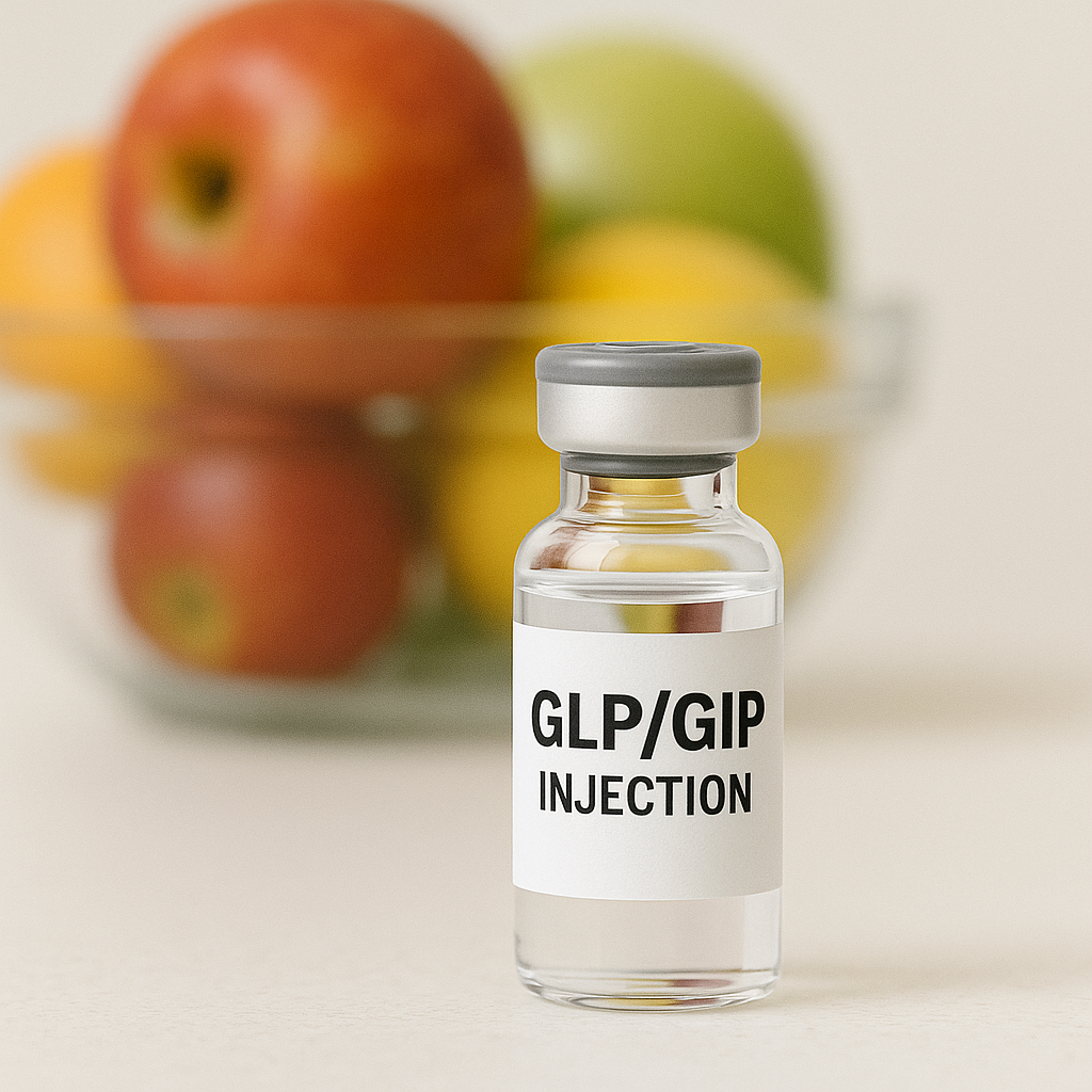 A small vial labeled 'GLP/GIP INJECTION' in front of a bowl of various apples.