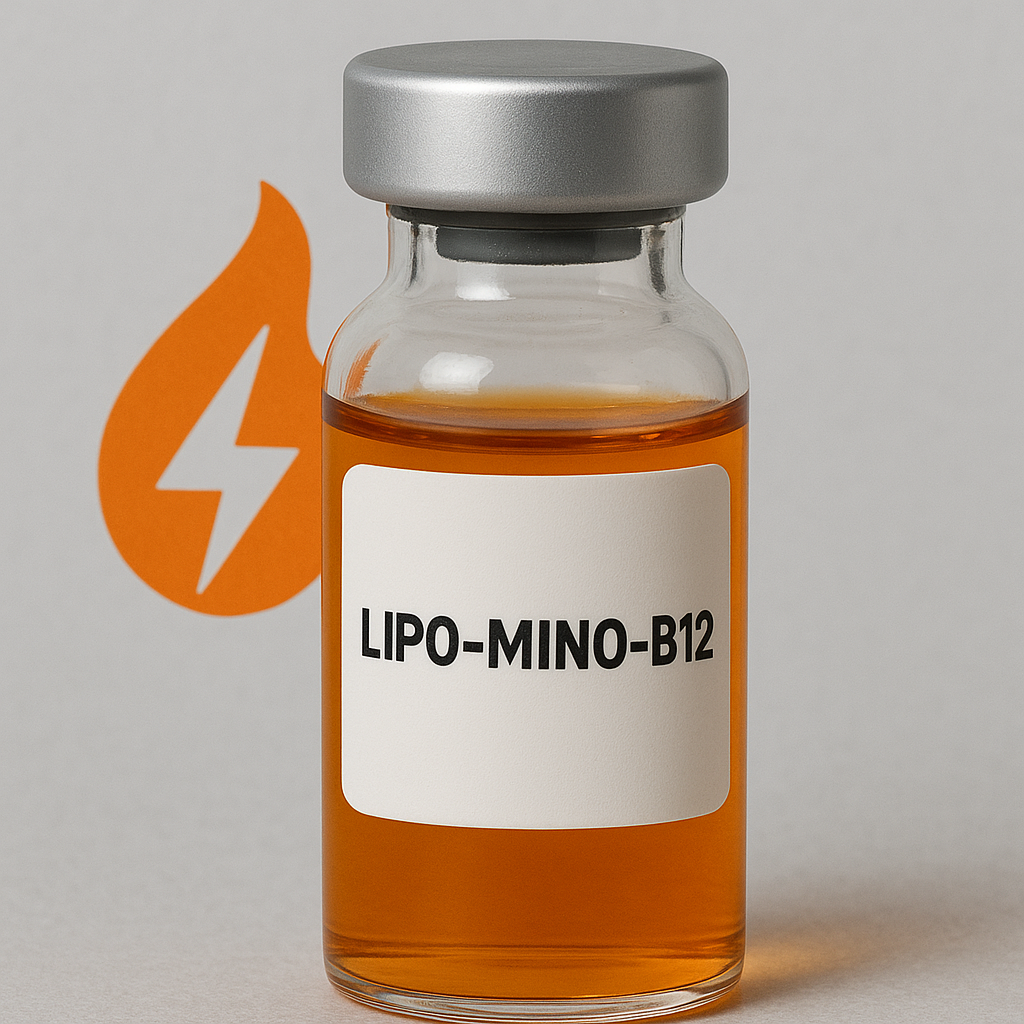 A small glass vial labeled 'LIPO-MINO-B12' containing orange liquid, placed in front of a white background with an orange icon of a flame and a lightning bolt.