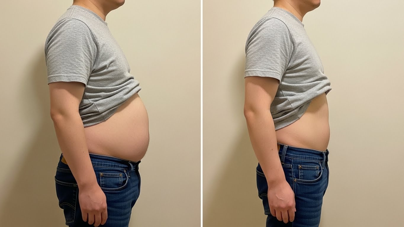 Side-by-side comparison of a person before and after losing weight, showing a reduction in abdominal size.