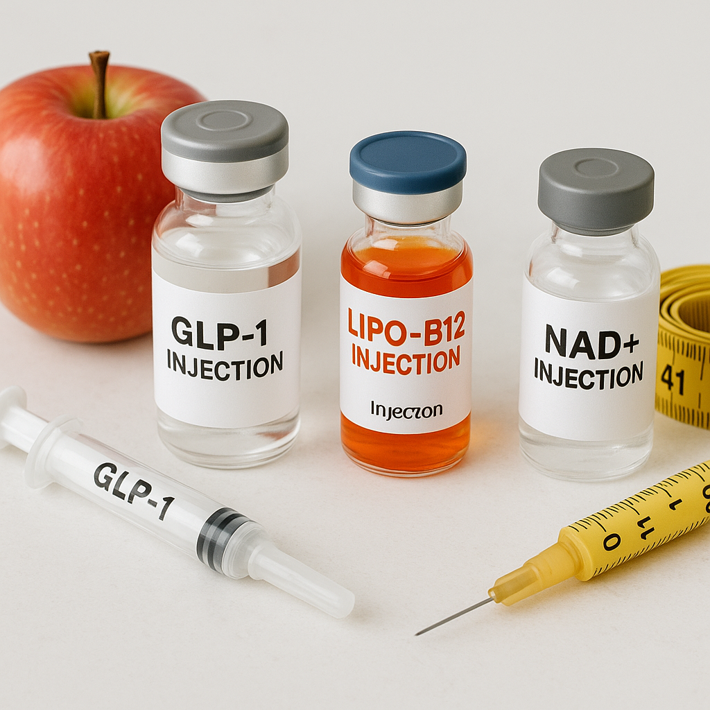 Three small glass vials labeled GLP-1 Injection, Lipo-B12 Injection, and NAD+ Injection, with a syringe labeled GLP-1 and a yellow insulin syringe, a red apple, and a yellow measuring tape on a white background.