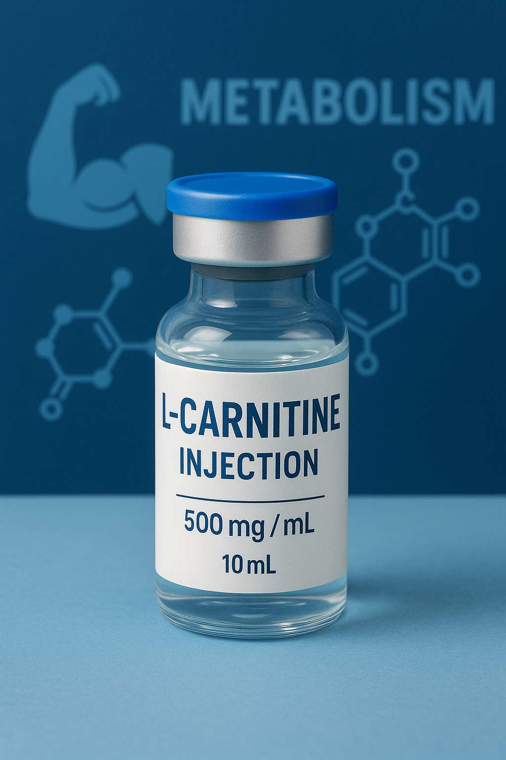 A small glass vial labeled "L-Carnitine Injection, 500 mg/mL, 10 mL" with a blue and silver cap, placed against a blue background featuring chemical molecular structures and the word "Metabolism."
