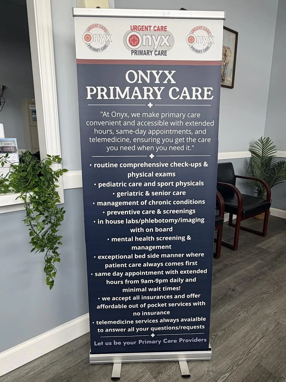A vertical standing banner for Onyx Primary Care, featuring their services such as extended hours, same-day appointments, telemedicine, comprehensive check-ups, pediatric, geriatric, and chronic care, mental health, lab testing, and insurance information, displayed in white text on a dark blue background with a red and white header.