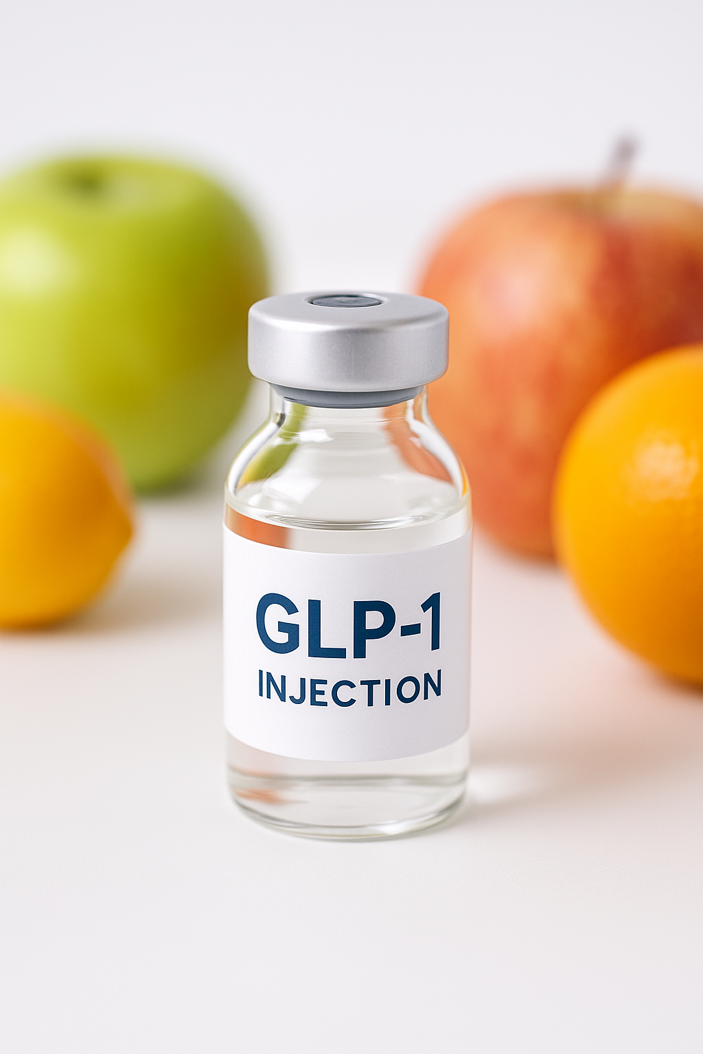 A vial labeled 'GLP-1 Injection' with apples and oranges in the background.