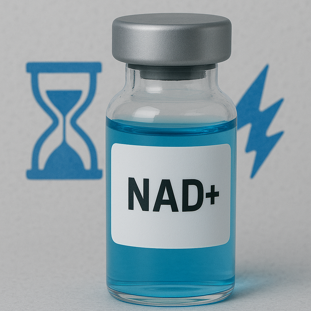 A small glass vial labeled NAD+ with a gray cap, containing a blue liquid, in front of a blurred background with a symbol of an hourglass and a lightning bolt.