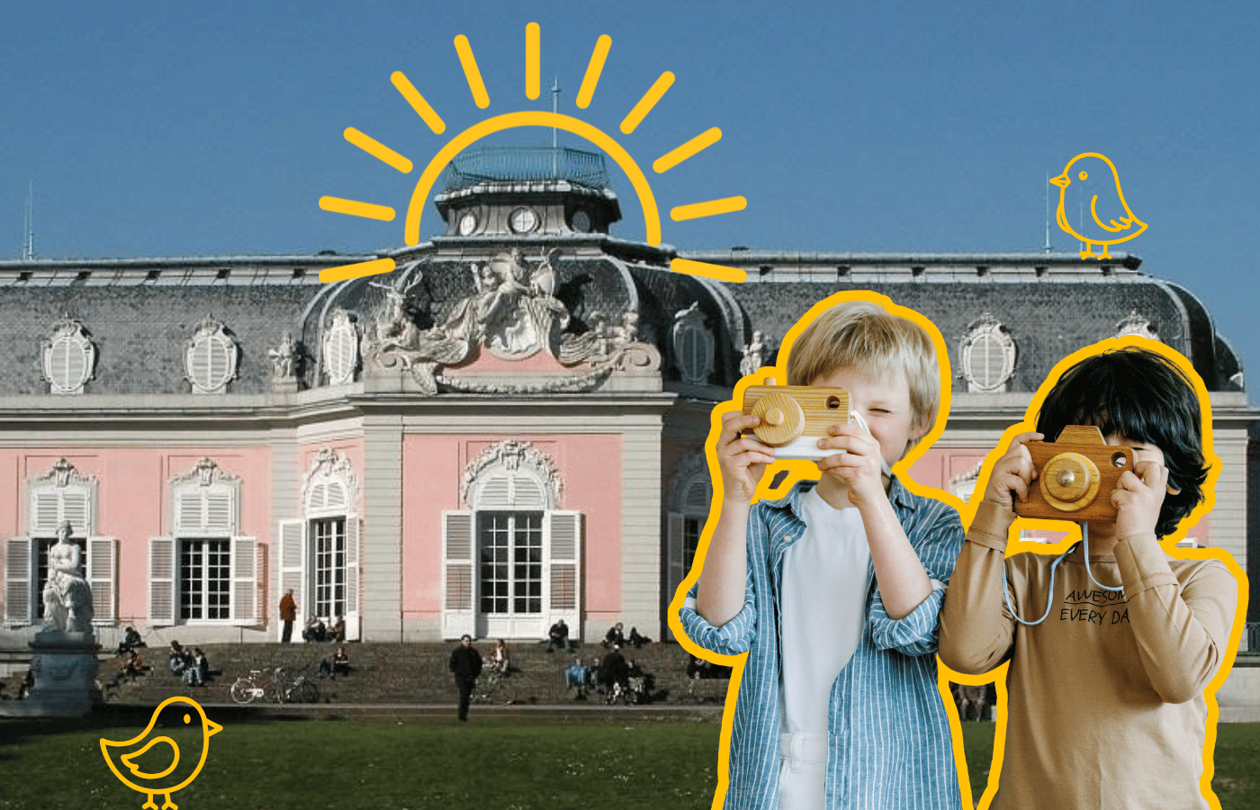 Kinder fotografieren Schloss Benrath in Düsseldorf bei einem Familienausflug und entdecken das Schloss spielerisch mit neugierigem Blick
