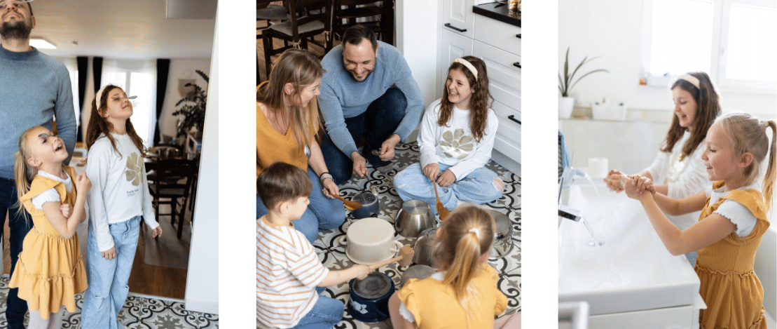 Familie mit Kindern spielt gemeinsam eine Schnitzeljagd für Zuhause – Aufgaben in der Wohnung, Kochen und Spielen als Team