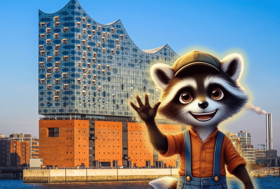 Maskottchen vor der Elbphilharmonie bei einer selbstgeführten Stadttour Hamburg für Kinder und Familien.