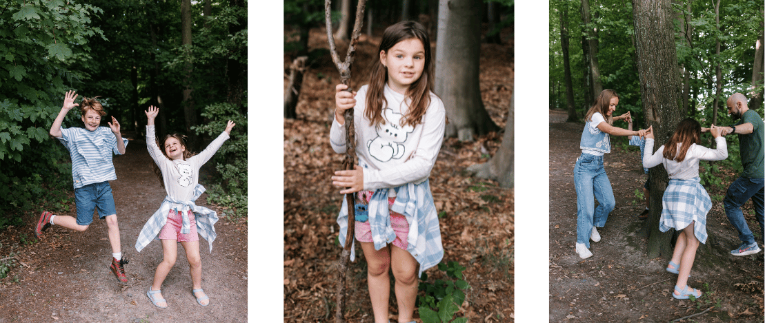 Kinder und Familie spielen gemeinsam eine Schnitzeljagd im Wald – Natur-Abenteuer mit Bewegung und Teamaufgaben.