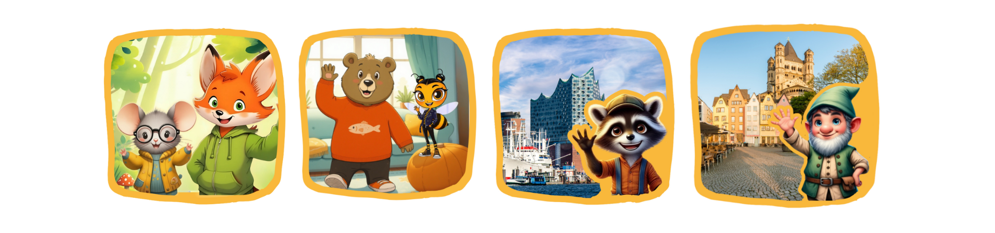Illustration mit vier KiddyTrip-Abenteuerfiguren: Tilo der Fuchs und Momo die Maus im Wald, Max der Bär und Brix die Wespe zu Hause, ein Waschbär vor der Elbphilharmonie in Hamburg und ein Zwerg vor dem Kölner Dom.