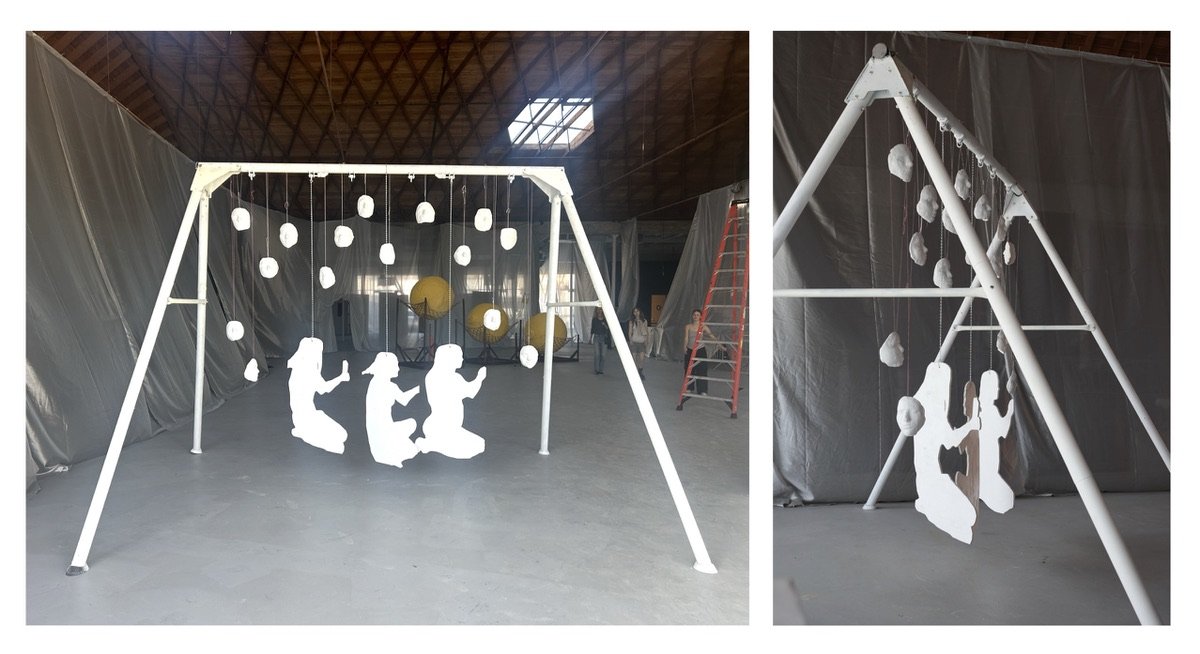 Reminisce. Plaster, spray paint, string, metal chain, metal piping, wood. 13 x 10 x 10 ft. 2024. In collaboration with Calvin Buddemeyer.