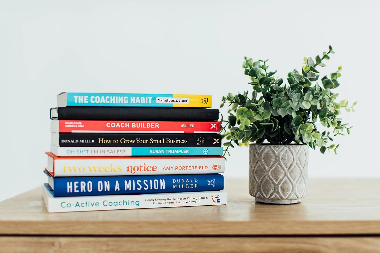 Stack of seven coaching and business books on a wooden surface next to a potted green eucalypt plant.