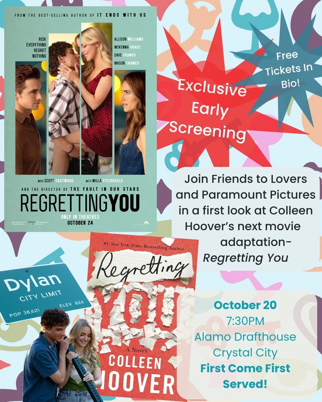 🎬 Big news, lovers! 🎬

Paramount Pictures reached out to us to share an exclusive free early screening of Regretting You 🗞️ the newest movie based on a Colleen Hoover book! ✨

There are about 100 tickets available, and they&rsquo;re first come, fi