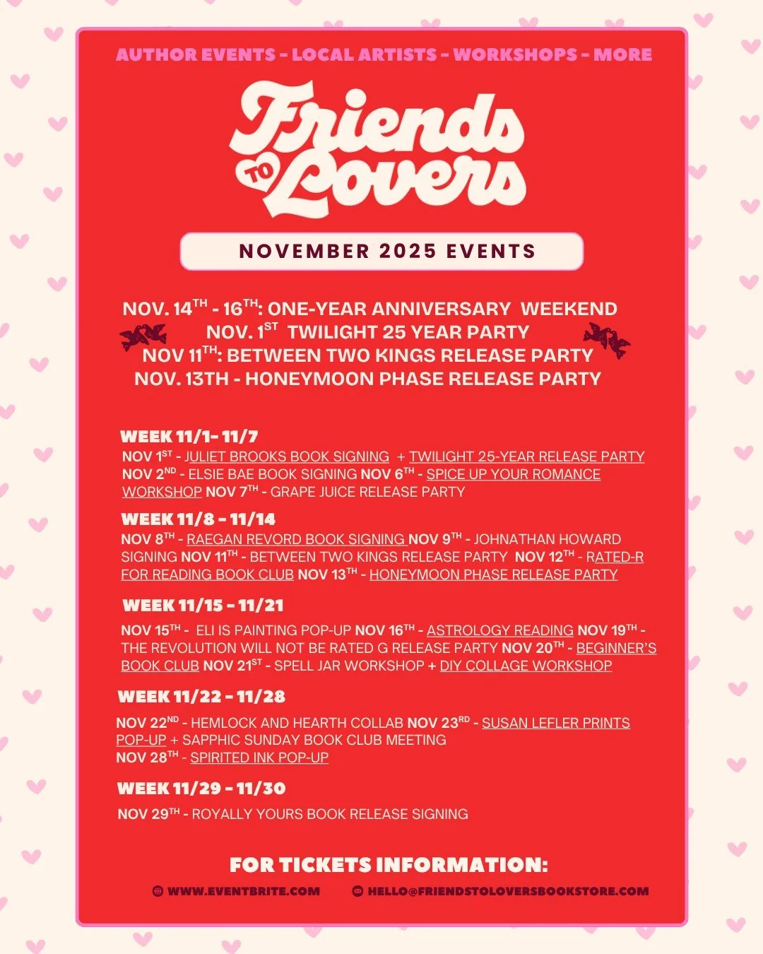 ✨ Our November Events Calendar is here! ✨

This month is extra special... it&rsquo;s our anniversary month, and we have so many exciting things planned 🥹💘 From author signings to creative workshops and cozy community events, there&rsquo;s something
