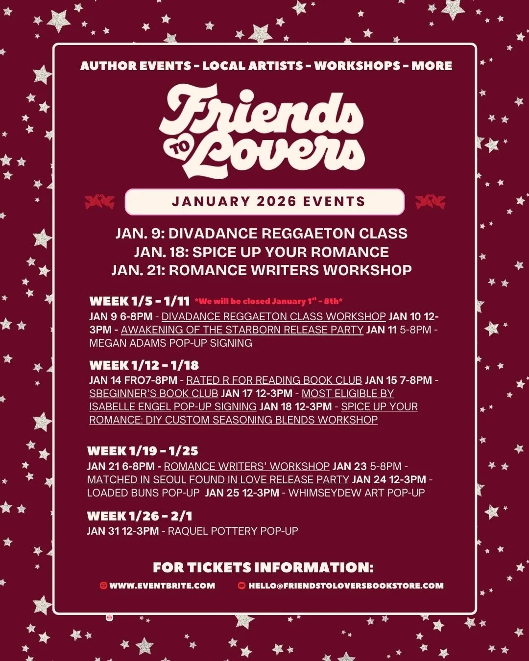 ✨ Our January Events Calendar is HERE! ✨

We&rsquo;re kicking off the new year with cozy reads, creative workshops, and all the community magic that makes Friends to Lovers feel like home. 💘 From release parties and author signings to book clubs, wr