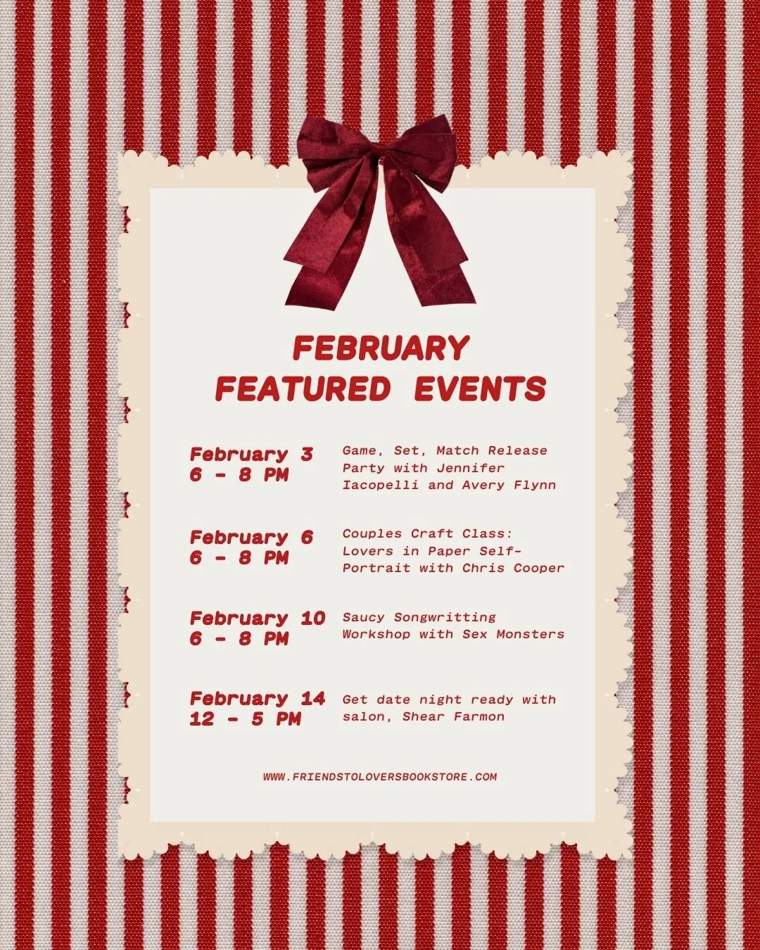 February at Friends to Lovers is all about romance, creativity, and connection 💌
These are our featured events you won&rsquo;t want to miss:

🎲 Game, Set, Match Release Party
✂️ Couples Craft Class: Lovers in Paper
🎶 Saucy Songwriting Workshop
💇♀