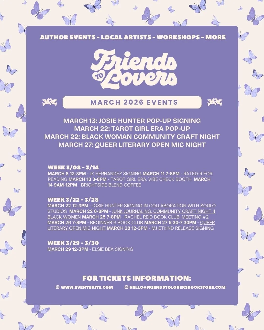 March is packed with author signings, local artists, pop-ups, and intentional community nights that make Friends to Lovers more than just a bookstore. 🌷

From the Tarot Girl Era pop-up to our Black Woman Community Craft Night, this month is all abou