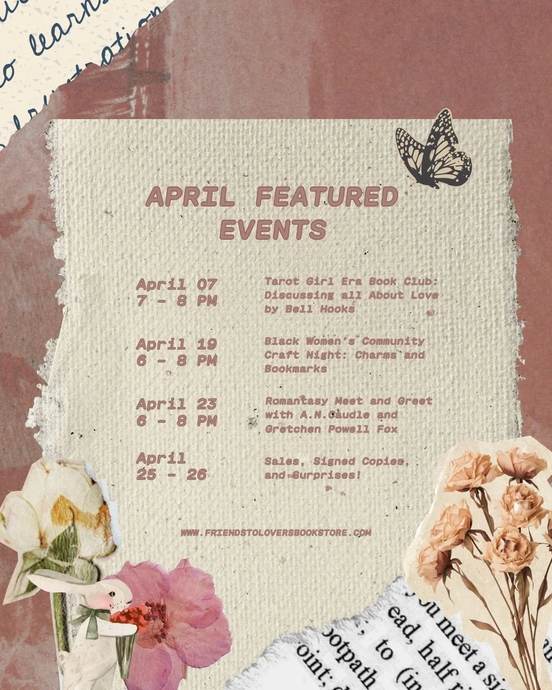 April at Friends to Lovers is filled with creativity, community, and stories that bring us together 🌷📚
These are our featured events you won&rsquo;t want to miss:

🔮 Tarot Girl Era Book Club
✍🏽 Josie Hunter Pop-Up Signing
🎨 Black Women&rsquo;s C