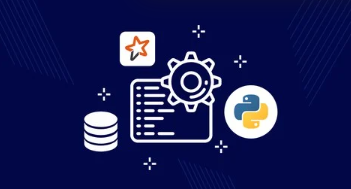Digital illustration of database, gear icon, Python logo, and code on a dark blue background