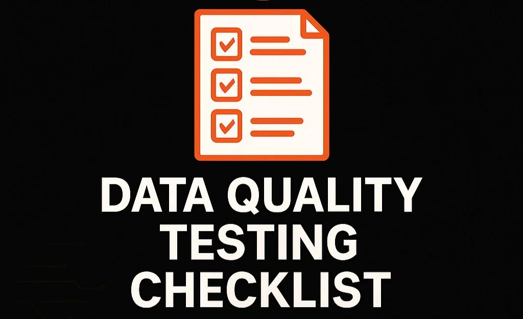 Icon of a checklist above the text "Data Quality Testing Checklist" in white on a black background.