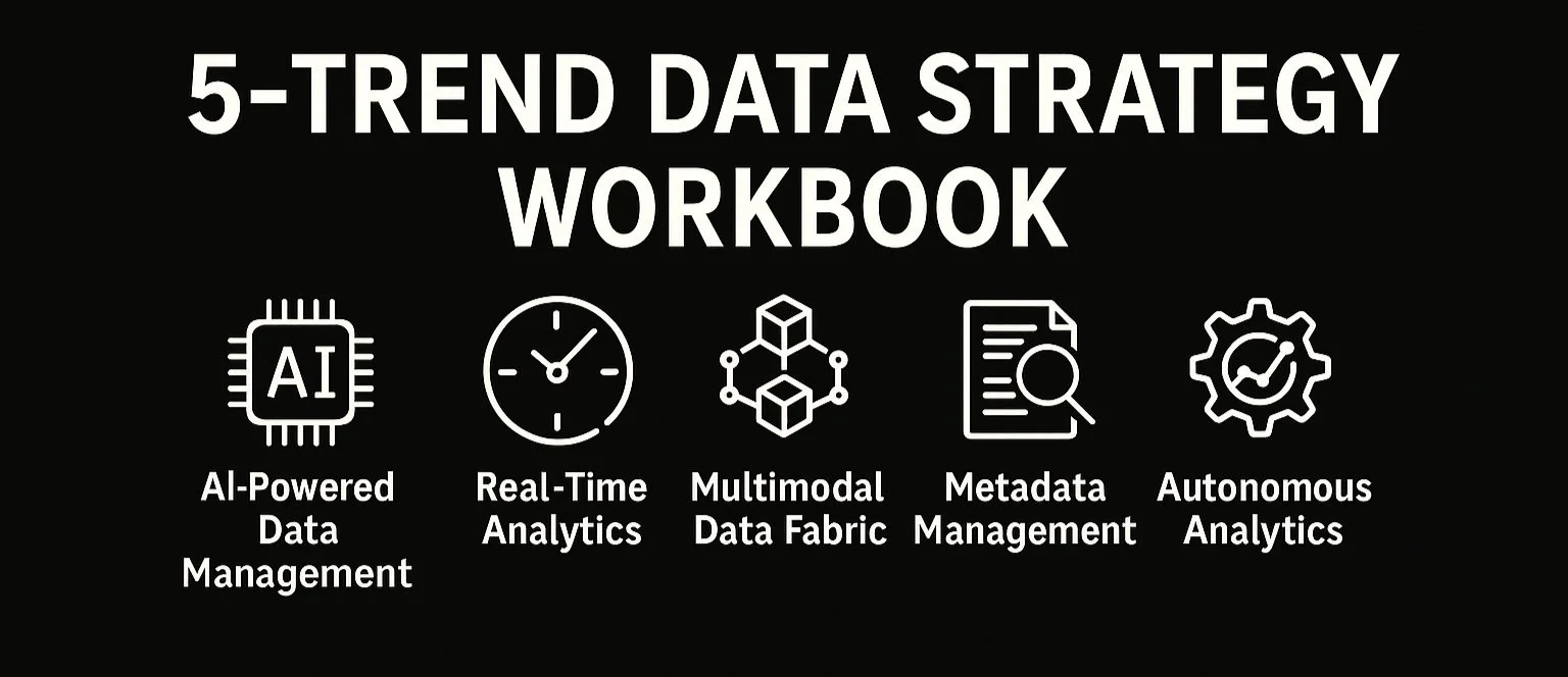 Graphics showing five data strategy elements: AI-Powered Data Management, Real-Time Analytics, Multimodal Data Fabric, Metadata Management, Autonomous Analytics.