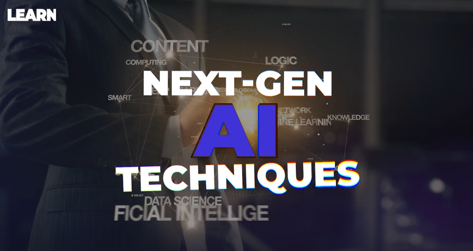 Text overlay on a dark background reads "Next Gen AI Techniques" with additional words like "Content," "Logic," "Smart," "Computing," "Network," and "Data Science" surrounding the main text, indicating a focus on advanced artificial intelligence methods.