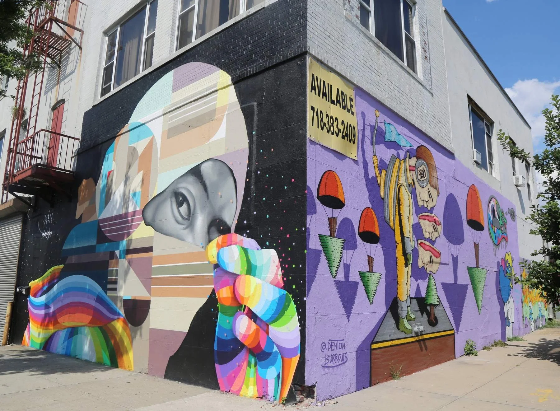 Colorful street mural on the corner of a brick building near 2339 Nostrand in Brooklyn, with a large painted face and abstract shapes.