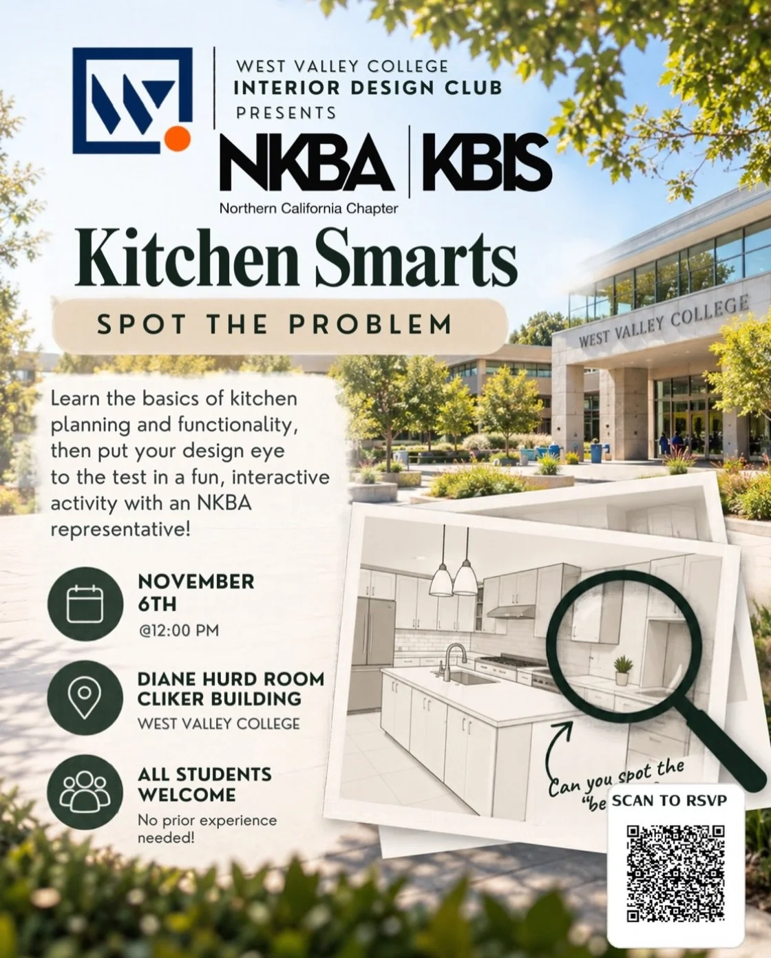 Join West Valley College Interior Design Club on November 6th for an interactive kitchen design challenge. With the support @nkbanortherncalifornia students will get an opportunity to look beyond the beautiful finishes and discover the details that m