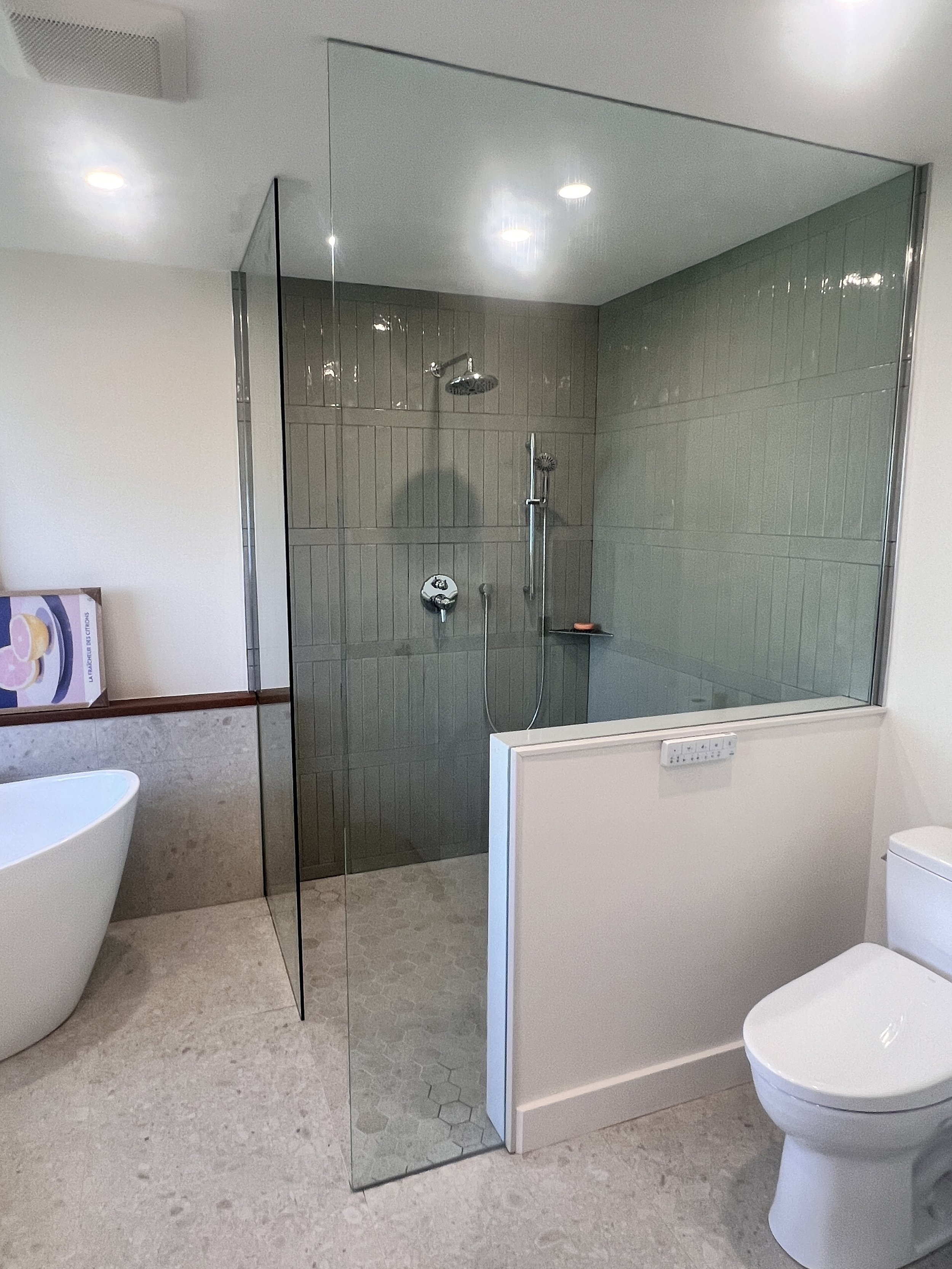 Modern bathroom with a glass-enclosed walk-in shower, a white toilet, and a partial view of a bathtub on the left, with neutral-colored tiles.