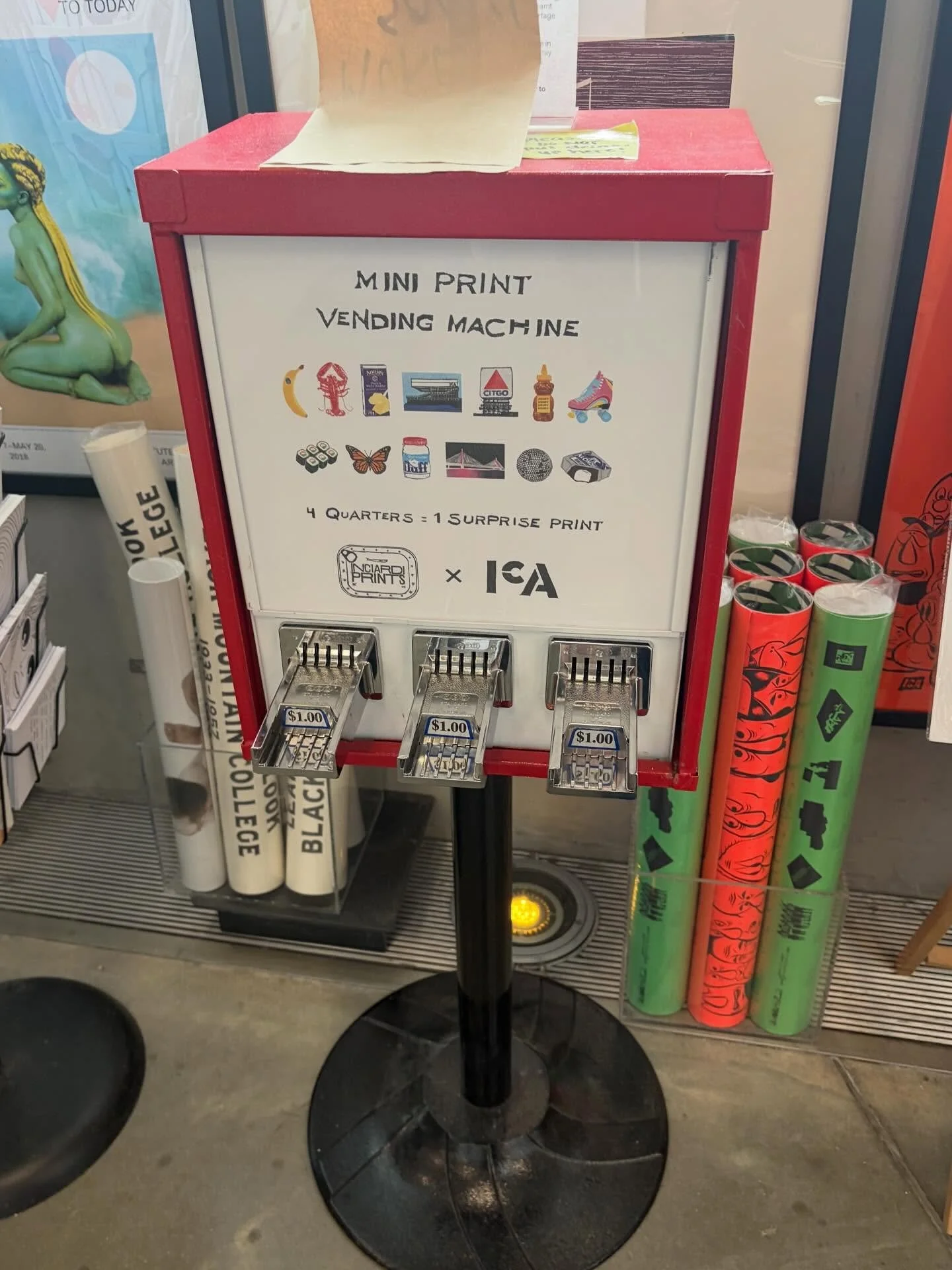 You know what I’ve been really obsessed with all summer? 
Art vending machines.  I mean those old repurposed vending machines that at one time sold stamps, cigarettes or newspapers and which now sell stickers, prints and posters that you can p