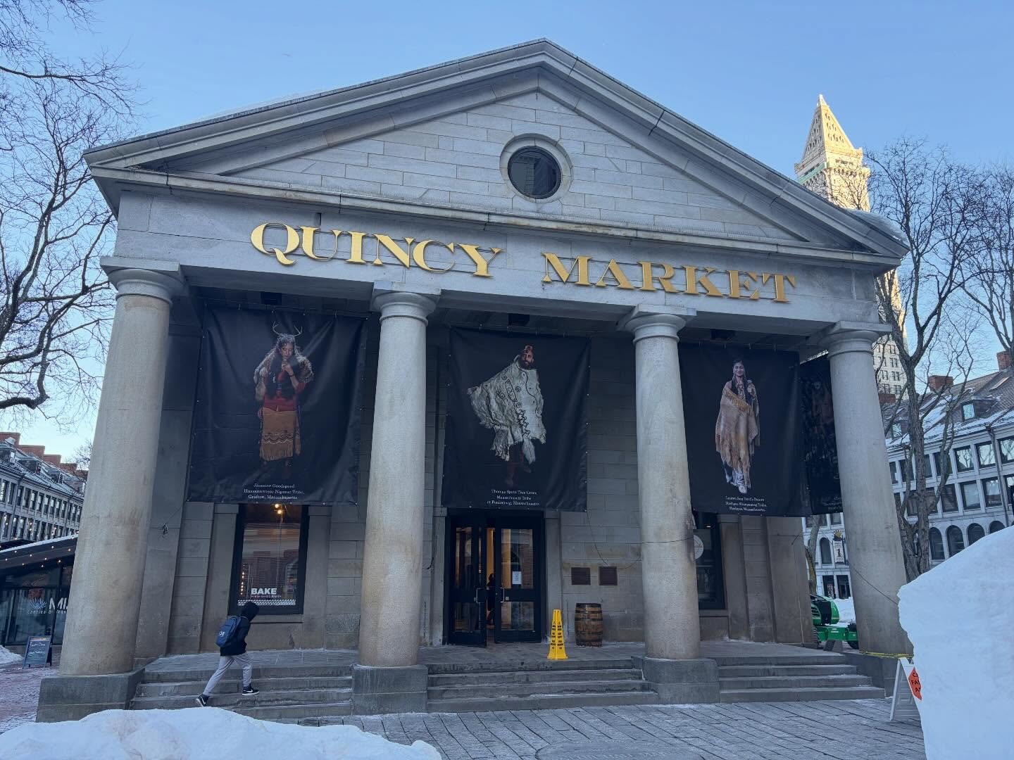 &ldquo;Ways of My Ancestors - Imagery: Lighting my Path to Awareness,&rdquo; by Scott Strong Hawk Foster.  Idk if these are still up, but I saw them last week and I absolutely loved them.  There are/were five on each entrance to Quincy Market. This w