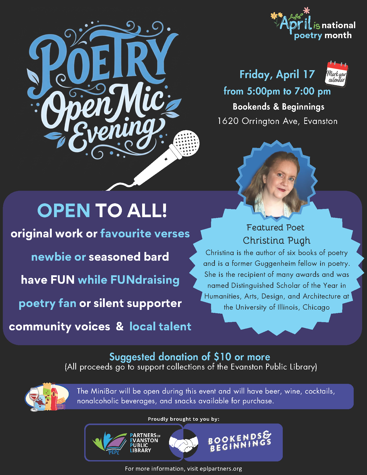 Christina Pugh will be the featured poet at the second annual Open Mic Evening sponsored by Bookends & Beginnings and the Evanston Public Library.