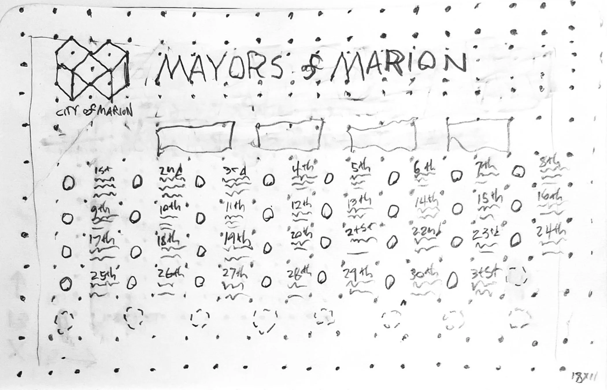 A hand-drawn map or diagram of the city of Marion, with a 3D cubic illustration labeled 'City of Marion' on the left side. The map includes a grid of ten columns and four rows, each with a numbered circle and wavy lines underneath, indicating different sections or districts of the city.