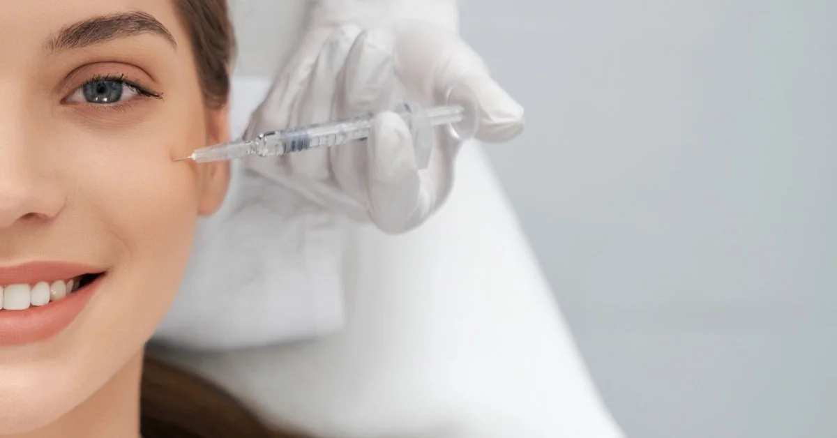 A woman receiving a cosmetic injection in her face from a healthcare professional wearing gloves.
