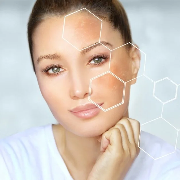 A young woman with clear skin and green eyes, touching her face, with white hexagon overlays suggesting a scientific or skincare theme.