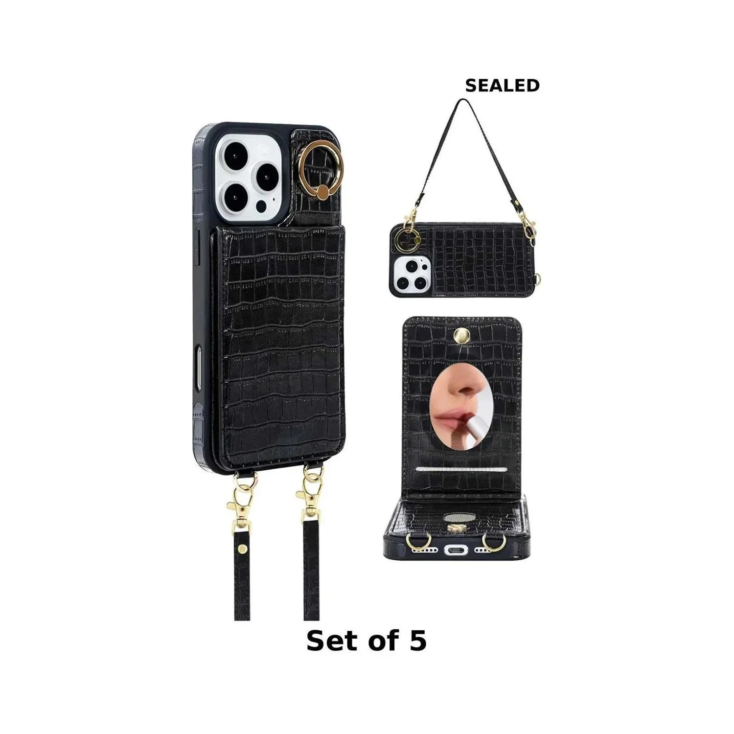 Wallet Case for iPhone 16 Pro Max  with Mirror, Crossbody Strap & Wrist Lanyard, Kickstand Magnetic Clasps Card Holder with RFID Protection, Shockproof Cover for Women - 6.7" (Black)