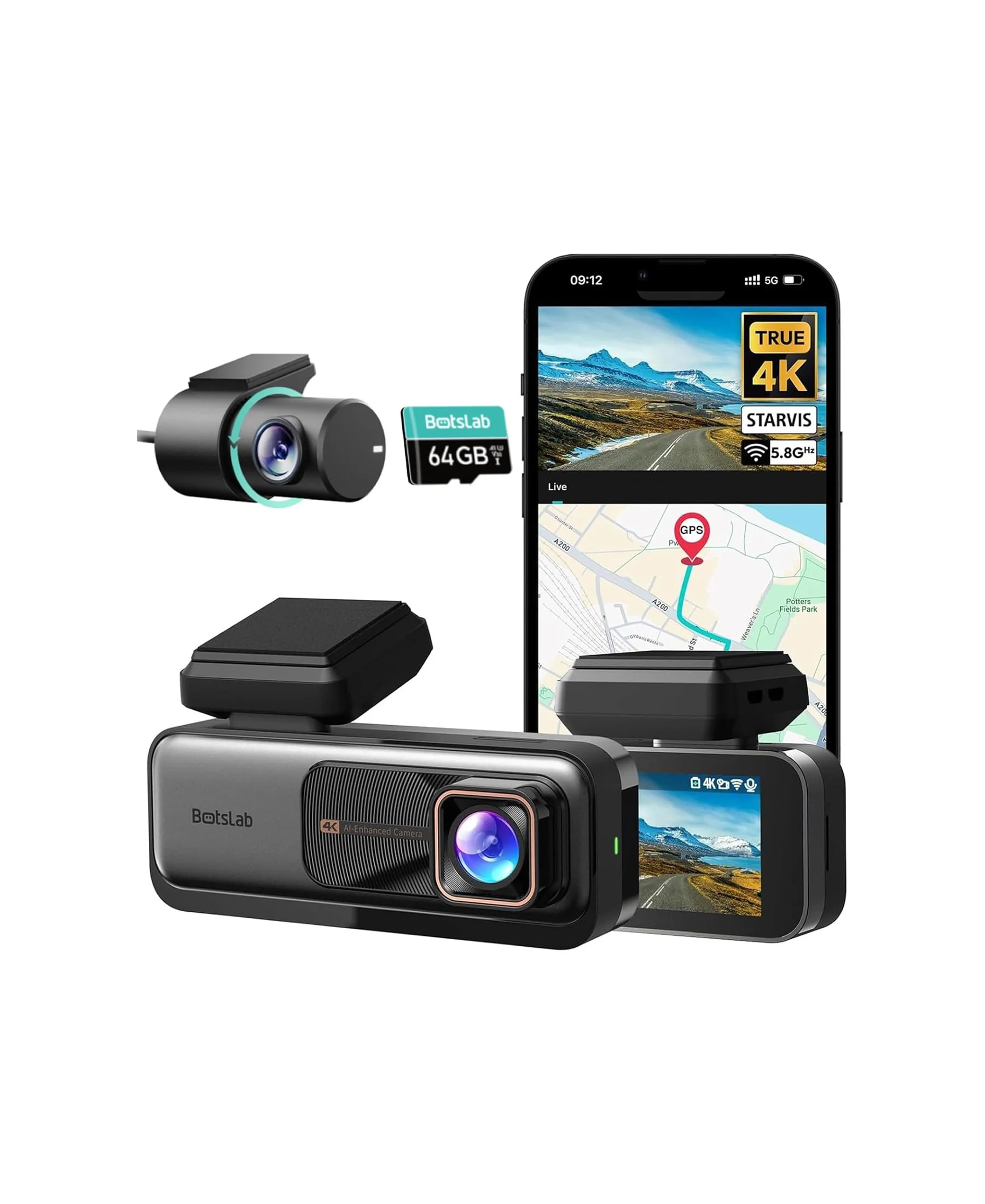 Botslab 4K Dash Cam with GPS, WiFi & 64GB Memory – UHD Car Camera with STARVIS Sensor